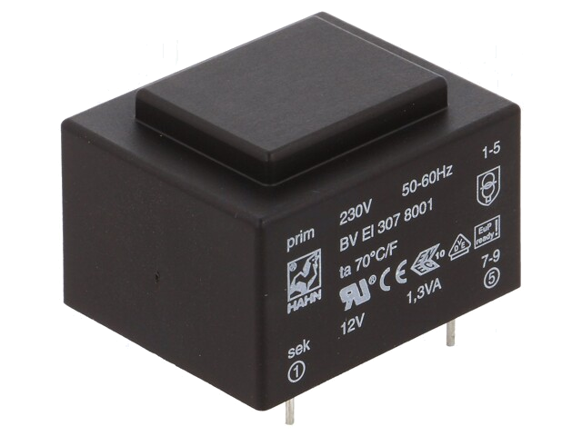 Transformator: ingegoten; 1,3VA; 230VAC; 12V; 108mA; PCB; BVEI Transformator: ingegoten; 1,3VA; 230VAC; 12V; 108mA; PCB; BVEI